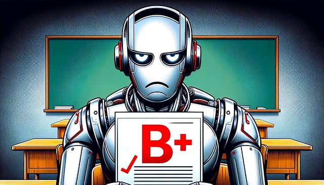 A robot looks unhappy showing a B+ grade on an exam